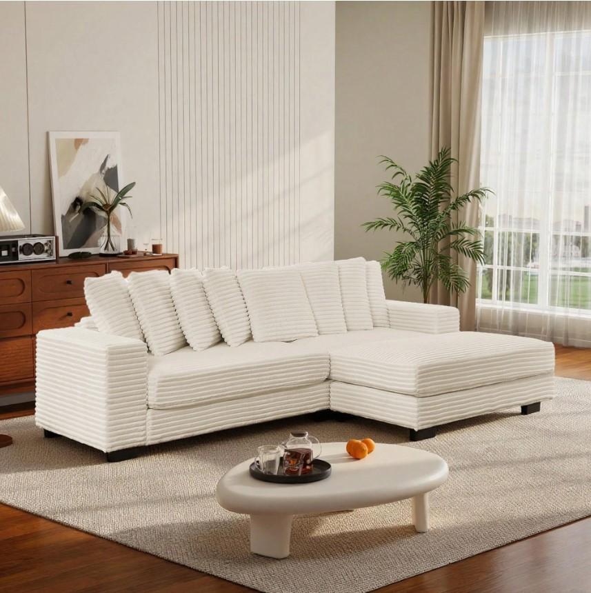 【3 Packages Shipping】 Niccae 111.63'' Oversized L-Shaped Corduroy Sofa (L/R Chaise + 8 Pillows + Adjustable Ottoman) – Easy Assembly, Cloud-Like Living Room Comfort