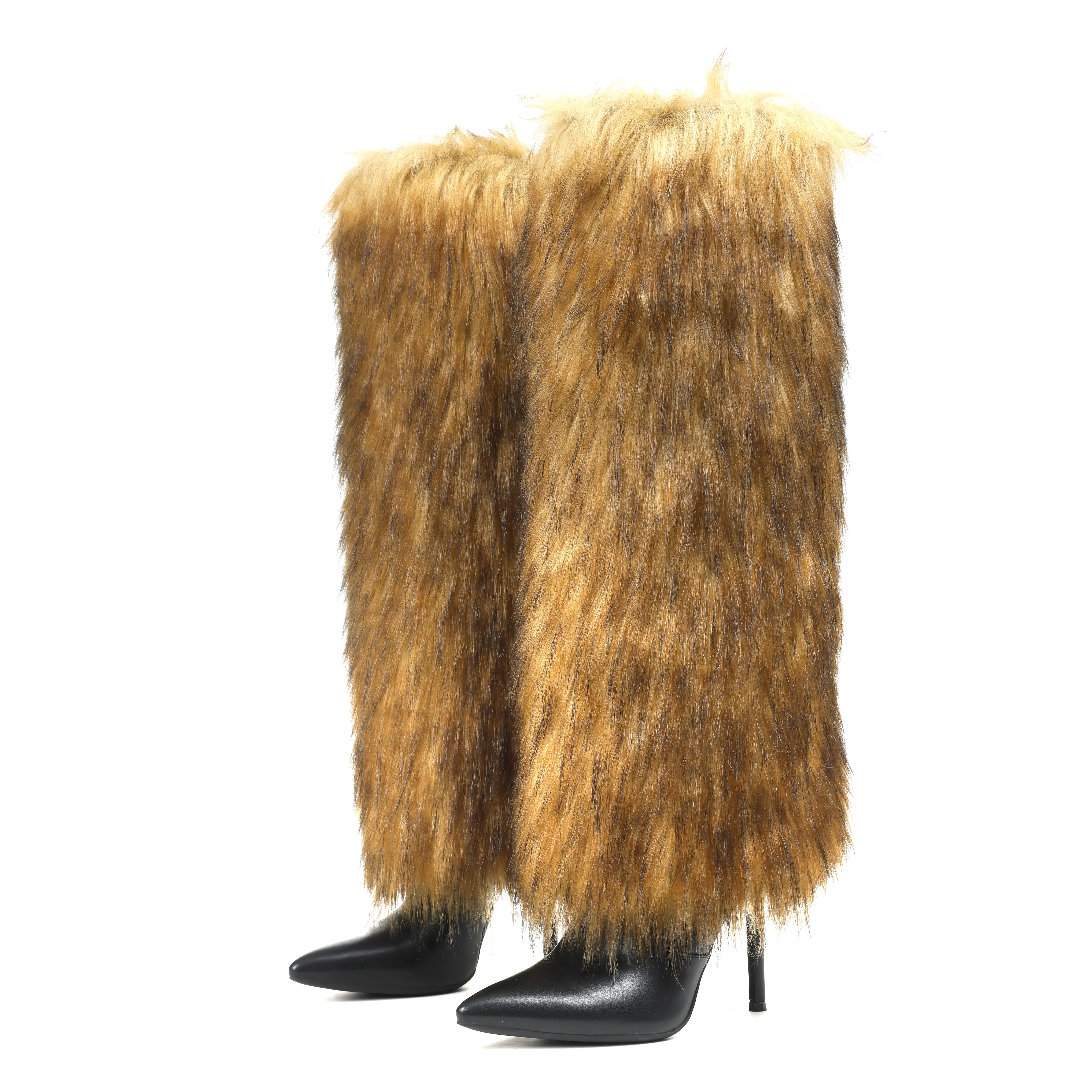 Womens Faux Fur Knee High Boots Pointed Toe Stiletto Heel Pull On Side Zipper Fashioanble Holiday Party Casual Comfortable Snow Boot Deals For You Days