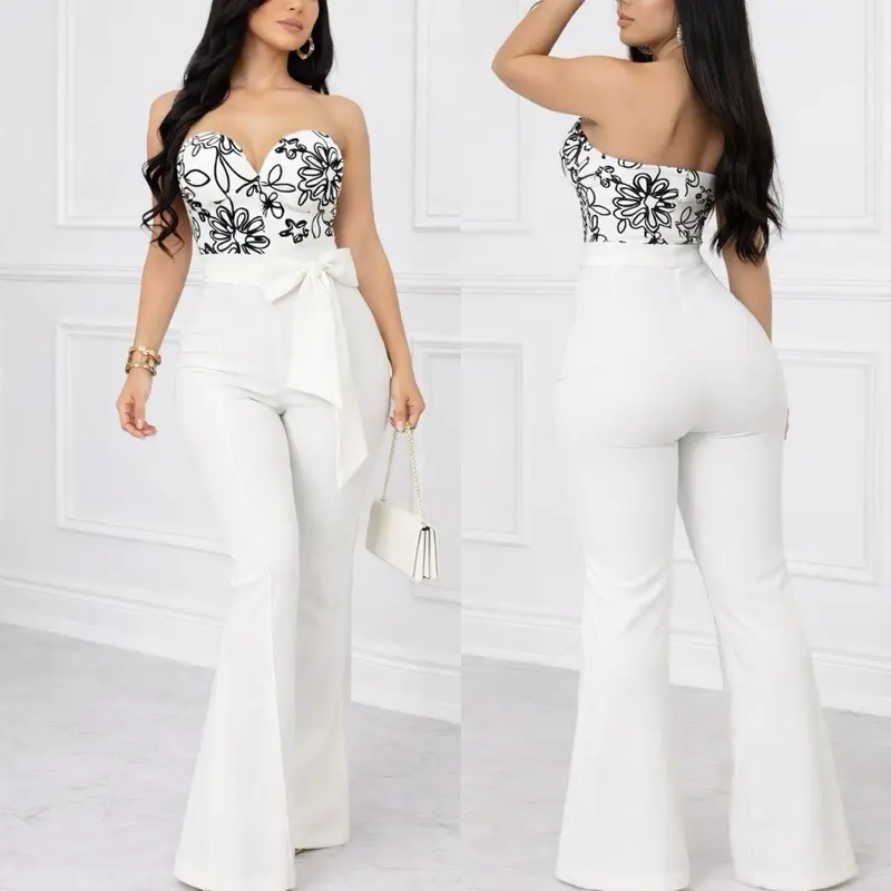 (V81618)  Women’s Stretch White Floral Embroidered Jumpsuit – Strapless Flare Leg with Waist Tie