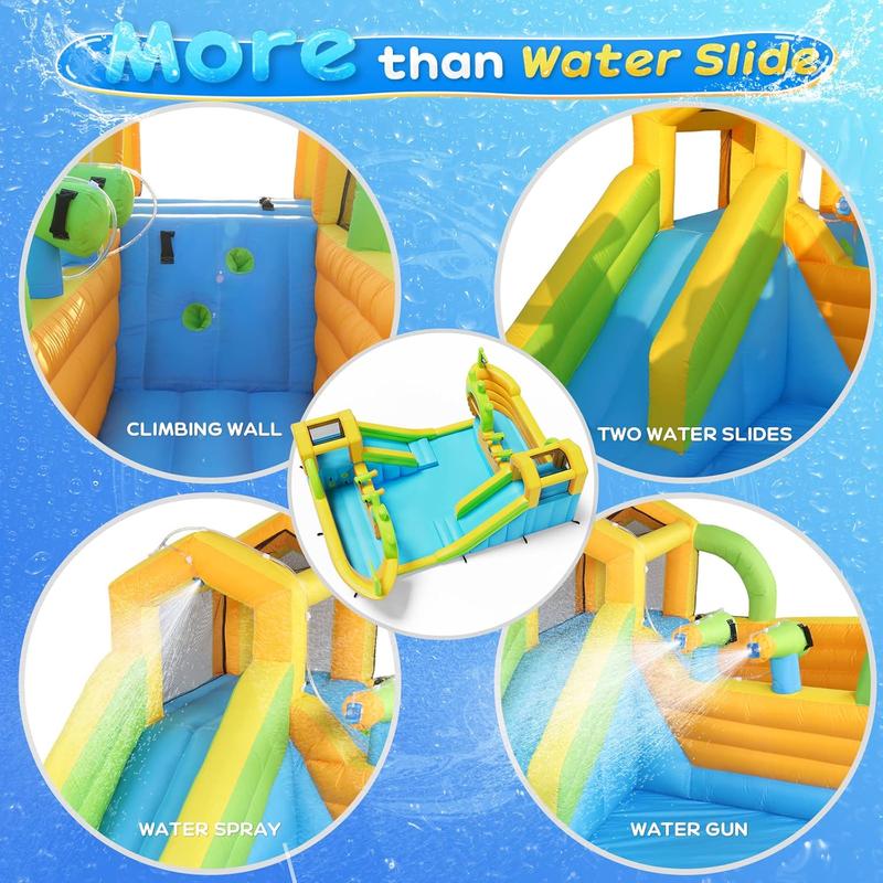 JOYMOR Inflatable Water Slide Park, 2 Pirate-Boat Giant Water Slide Bounce House w/4 Water Cannons, Challenge Climbing Wall, 10-in-1 Water Slides for Kids Backyard Outdoor w/Blower, Up to 6 Kids