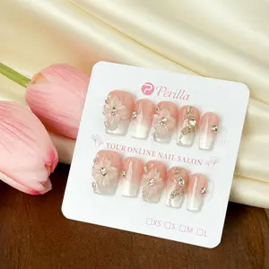 Perilla A21-A39 Handmade Press On False Nails 3D Flowers Coffin Almond Handpaint Glue On Nails with Tool Kit and Sizing Chart