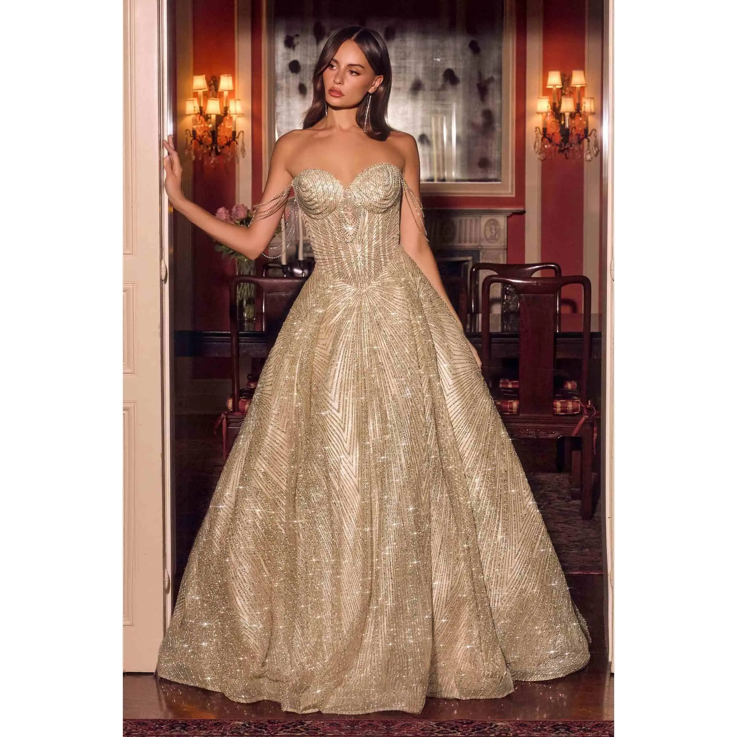 Women's Ladivine J915 Adjustable Fit Formal Ball Gown - Shimmering Glitter Tulle, Boned Corset, Crystal-Emerald Fabric, Skirt