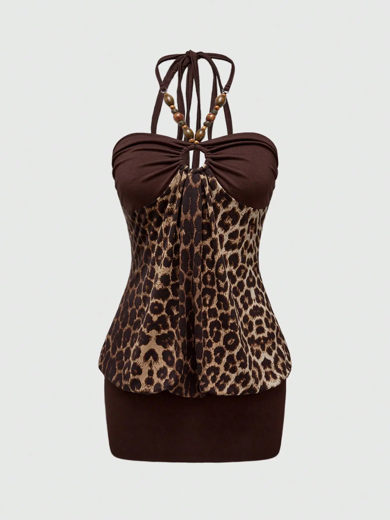 Women's Y2K Leopard Print Halter Midi Dress Beaded Detail Bodycon Gyaru Retro Hippie Fashion