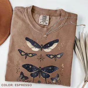 Comfort Colors Vintage Luna Moth Tshirt, Trendy Wildflower Celestial Cottagecore T-shirt, Mystical Moon Phase Top, Witchy Cute Boho Flower Tee, Gift