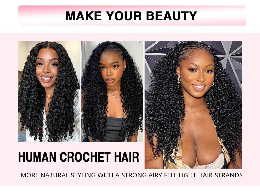 [NEW IN] GOULUS Burmese Curly Crochet Hair Pre-Separated Feather Human Hair Bundles with Invisible Miracle Knots Natural Black Color 4–5 Packs for Full Head Multiple Curly & Wavy Textures Soft Lightweight No Tangle No Shedding Hair Extensions