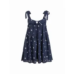 Cider Cotton-blend Gingham Floral Graphic Bowknot Ruffled Tiered Oversized Babydoll Mini Dress