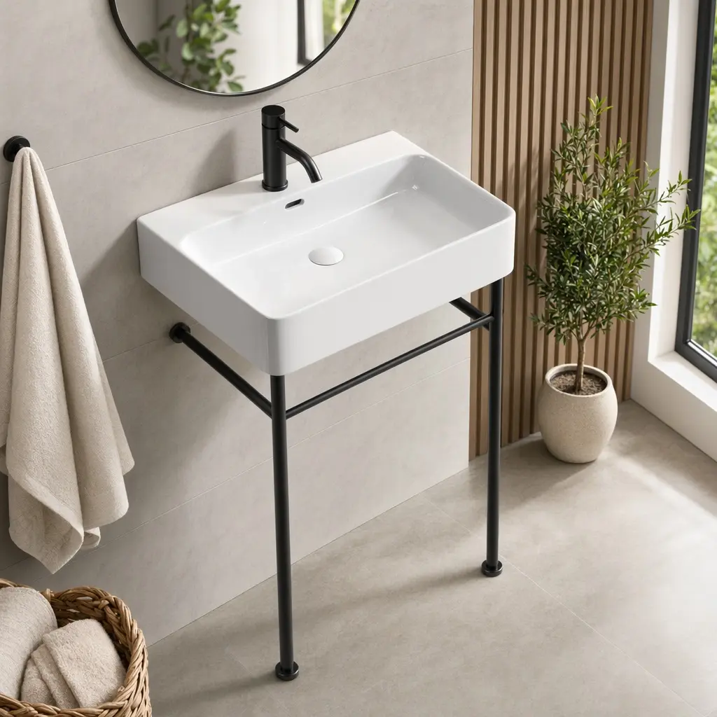 Freestanding Wall-Mounted Bathroom Console Sink 24 x 16.5 x 34.65 Inches Gloss White Ceramic Basin with Stainless Steel Pedestal Legs, Open-Frame Space-Saving Design for Small Bathrooms, Powder Rooms, and Laundry Areas, Gloss White/Matt Black