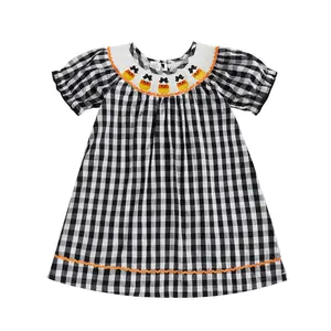 Toddler Baby Girl Halloween Gingham Dress Puff Short Sleeve Candy Corn Embroidery Smocked A Line Dresses Fall Clothes