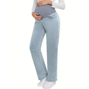 Women's Maternity Straight Loose Denim Work Pants Abdomen Support Pregnancy Maternity Clothes with Pockets No.151