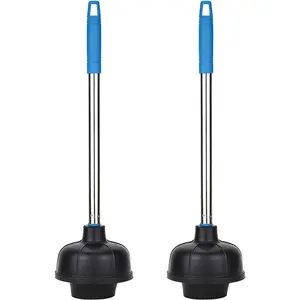 Rubber Toilet Plunger, Double Thrust Force Cup, Heavy Duty, Commercial Grade with 15 Inches Blue Stainless Steel Handle, Bathroom and Kitchen Sink Plunger (2 Pack, Blue)