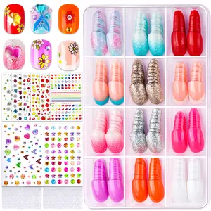 Press On Nails for Girls, 12 Style Press On Nails for Kids, 6 Sheet Heart Fruit Flower Nail Stickers for Kids, 3D Rhinestone Stickers Face Gems Mermaid Colorful, Nail Art Kit for Girls