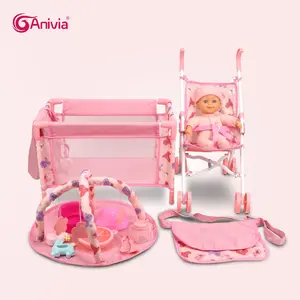 Anivia 12-Piece Doll Car Set, Includes 11-Inch Doll, Toy Utensils, Bed, Play Mat, Feeding Toys, Diaper Bag, Role-Play Kit, Ideal Gift, Doll Stroller Playset
