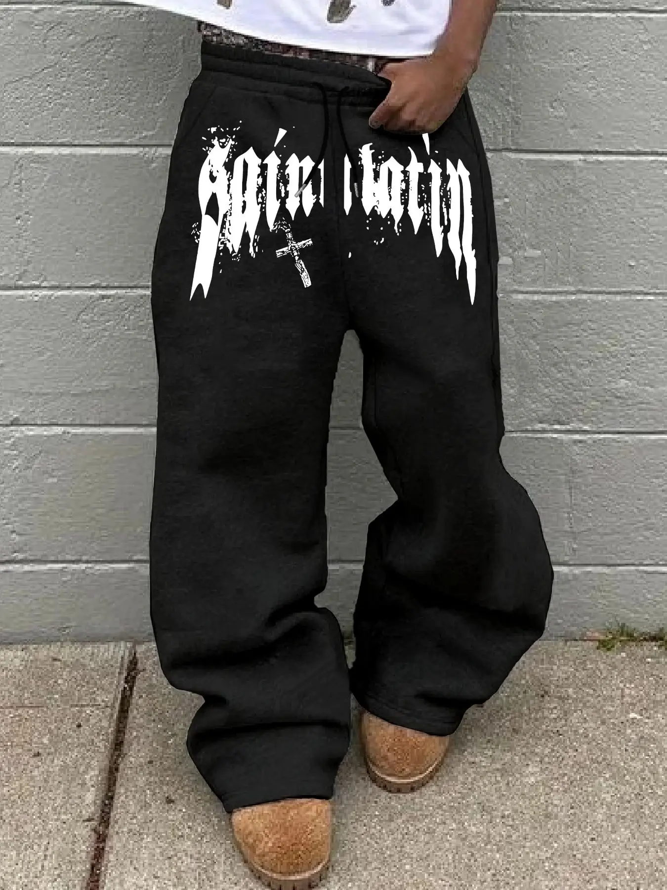 Trendy Dark Aesthetic Saint Satan Sweatpants, Loose Wide Leg, Gothic Font Details, Street Style, Unisex Fashion