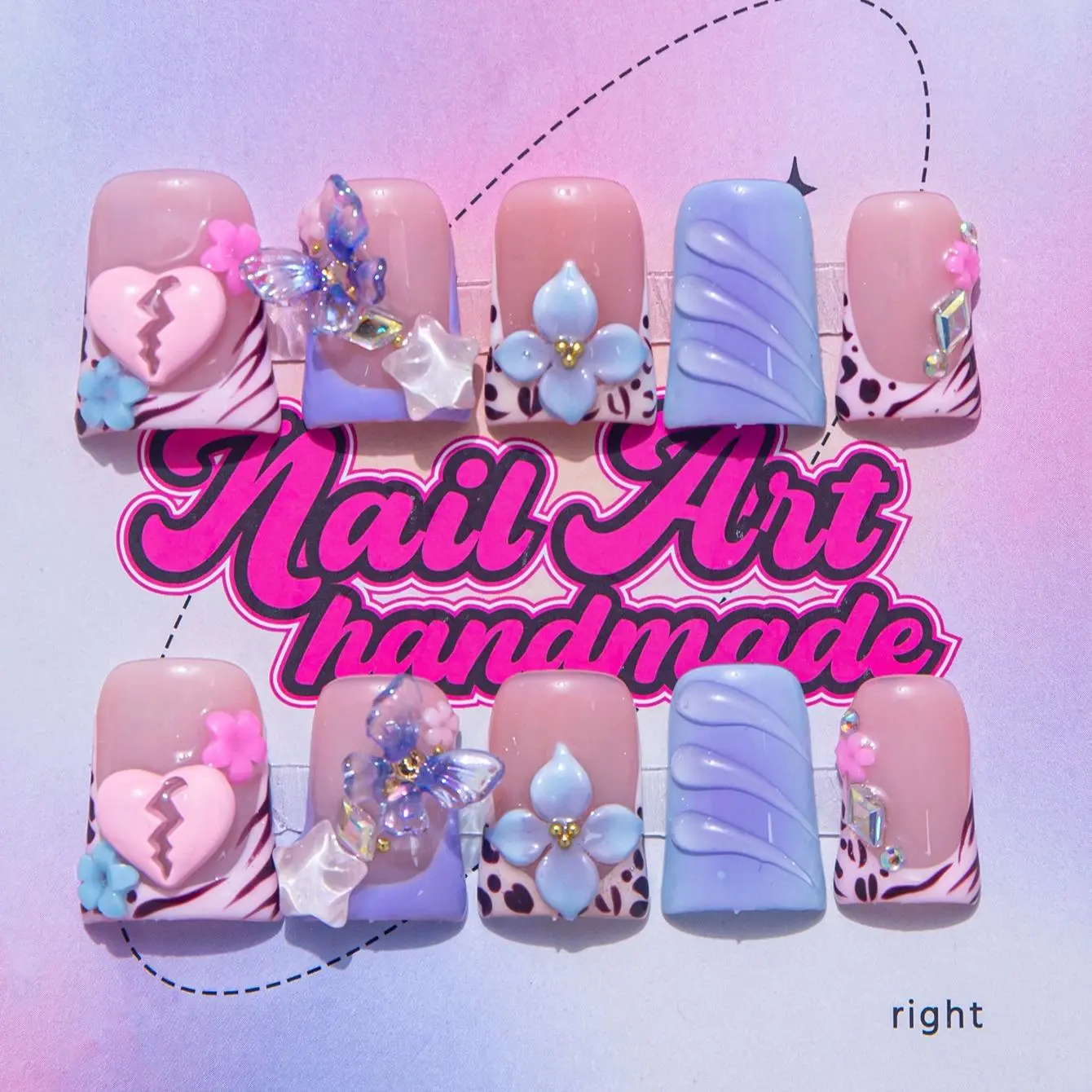 Y2K Style Duckbill Nail Set, Butterfly & Flower Decor Fake Nails with Nail File & Tape, Floral Rhinestone, DIY Nail Art Kit for Women & Girls, Handmade Acrylic Nails, Flower Design Nails, Nail Designs, Handmade Press On, Nail Art Supplies