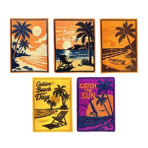 5-Piece Beach Sunset Coconut Tree Style Iron-On Embroidery Patch Set, Fun DIY Accessories for Jackets, Jeans, Backpacks and Shoes
