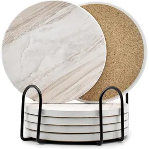 6Pcs 4 Inch Drink Coasters with Holder, Marble Style Ceramic Absorbent Coaster Set Suitable for All Kinds of Cups, Modern Style for Coffee Table