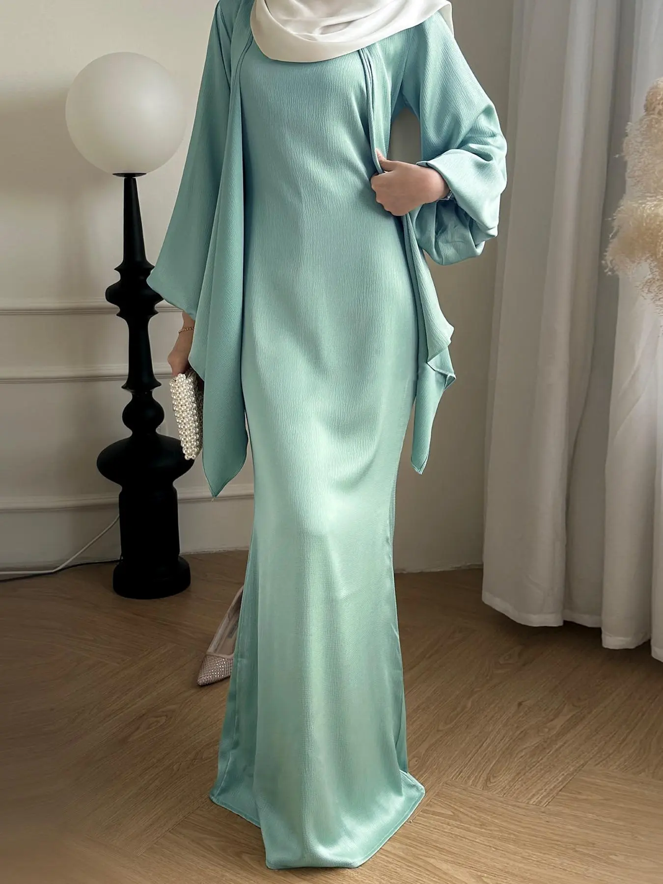 Two-Piece Set Women's Plain Lantern Sleeve Asymmetrical Hem Belted & Tank Dress Islamic Clothing Set, Abaya Hijab Set, Modest Casual Two Piece Outfits for Daily Outdoor Wear, Ladies Clothes for All Seasons, Fashion Style Sets
