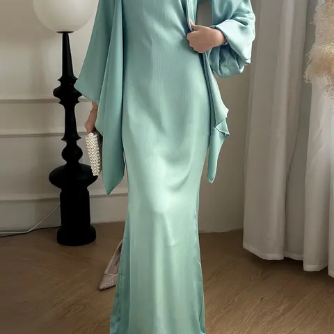 Two-Piece Set Women's Plain Lantern Sleeve Asymmetrical Hem Belted & Tank Dress Islamic Clothing Set, Abaya Hijab Set, Modest Casual Two Piece Outfits for Daily Outdoor Wear, Ladies Clothes for All Seasons, Fashion Style Sets