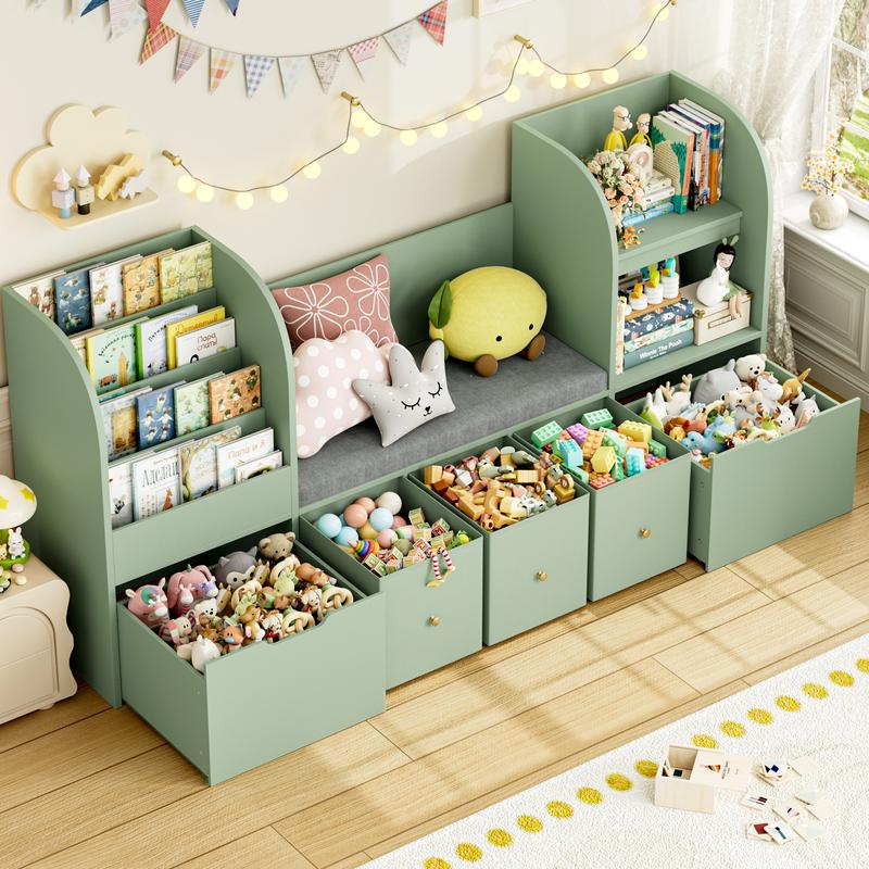 FOTOSOK 71” Kids Bookshelf with Reading Nook, Toy Storage Organizer with Seat Cushion and 2 Movable Drawers & 3 Toy Chests, Kids Reading Nook Toy Organizers and Storage with Bench for Playroom