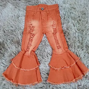 orange printed ripped double flare jeans western kids girls denim pants