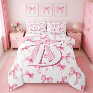 Kids Girls Cute Pink Bow Comforter Set Monogrammed Bedding Set Ultra Soft Personalized Initial D Duvet Quilt Coquette Bow Knot Quilt Set Room Decor Modern Fashion Comforter