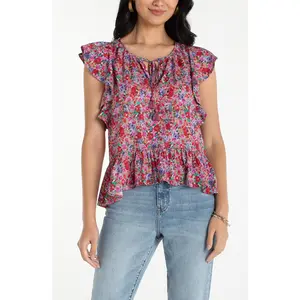 Flutter Sleeve Peplum Woven Top w/Ties (Liverpool)
