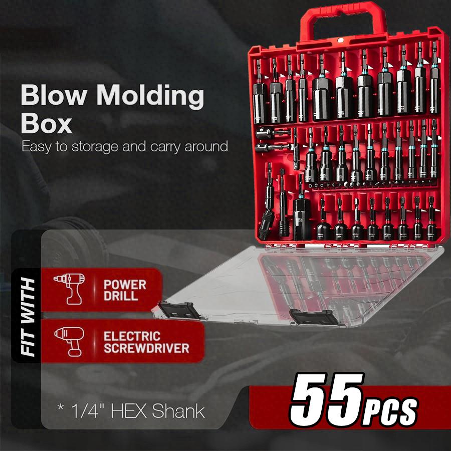 Magnetic Impact Nut Driver Set, 55pc Metric & SAE with Socket Adapters, Bit Holder, Wing Nut Driver, Universal Sockets, Quick Release Extension, Power Bits toolbox screwdriver set