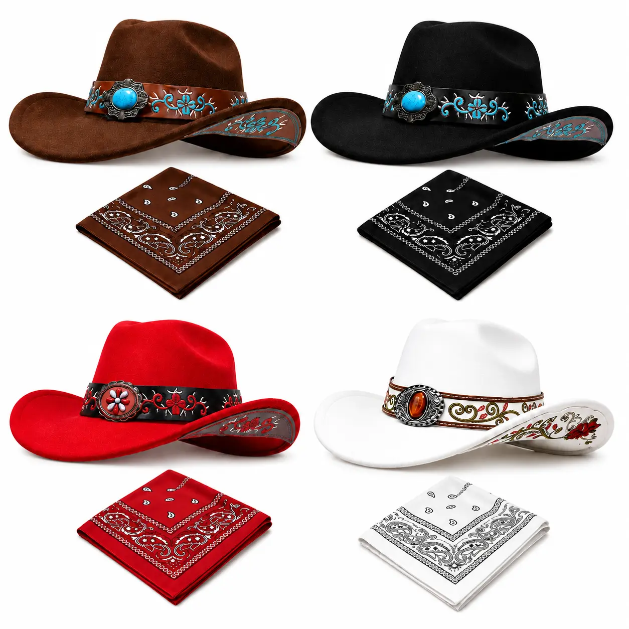 Cowboy Hat Set for Women with Removable Gem Embroidered Band Paisley Scarf Wide Brim Felt Hat 2 Piece Set