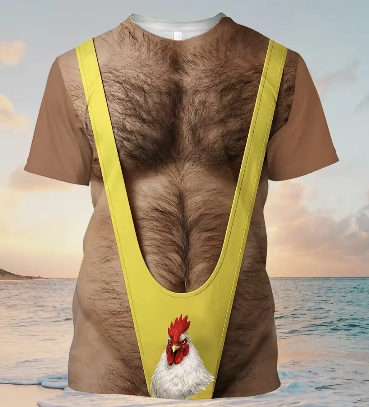Menswear Unisex Fit Hairy Chest Chicken Costume Top - Short-Sleeve, Medium-Length, Viral TikTok Party Tee, Beach Vacation Gag Gift, Shortsleeve, Shirt, Crew Neck