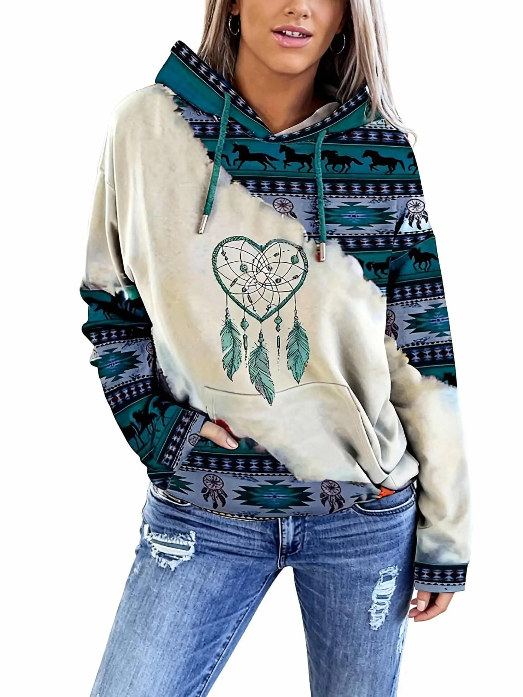 Vintage-Inspired Boho-Chic Hoodie - Women's Western Pullover With Dreamcatcher & Horse Print - Polyester Blend, Machine Washable