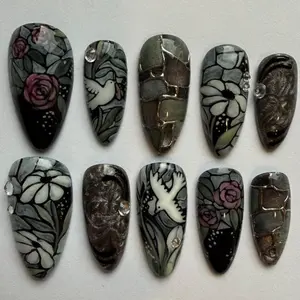 J14 Nailed by Vibe -Gothic Rose Dove Press On Nails, Hand Painted Floral & White Dove Art, Dark Olive Black Marble Base, Vintage Moody Handmade Nail Art, Gift for Her
