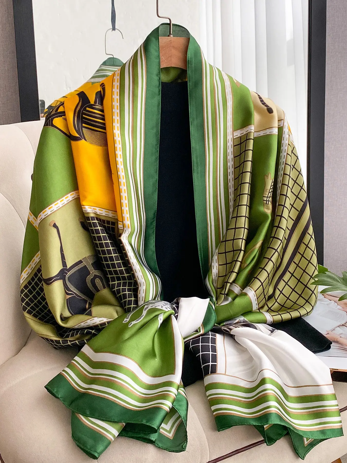 Women's Silk Equestrian Print Scarf Wrap, Lightweight Sun Protection Shawl for Dress, Versatile Fashion Accessory for All Seasons
