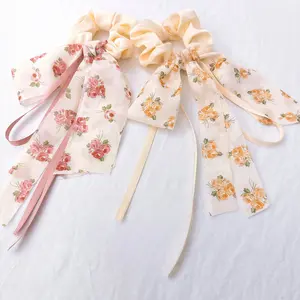 Romantic Floral Bow Scrunchie with Flowing Ribbons