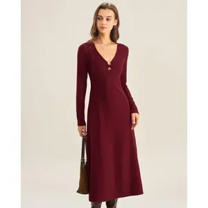 Rihoas Women's Elegant Solid Red Waisted Cut-Out A-Line Sweater Dress - Polyester-Viscose Fabric, Regular Sleeve, Casual Wear, Stylish Womenswear