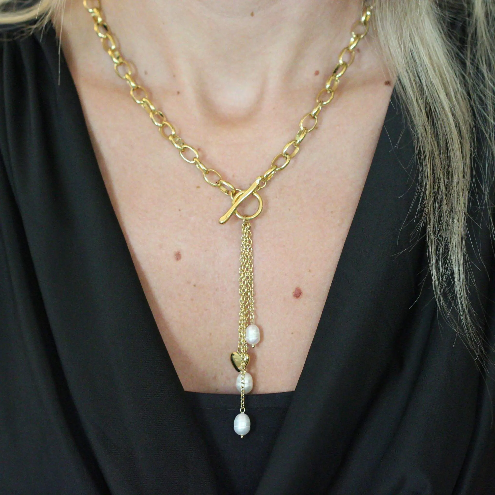 Pearl Heart Tassel Toggle Necklace 18K Gold-Plated Non-Tarnish