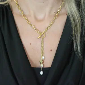Pearl Heart Tassel Toggle Necklace 18K Gold-Plated Non-Tarnish
