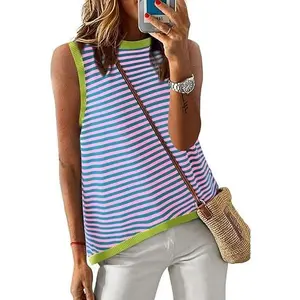 Dokotoo Womens Summer Tops 2026 Casual Striped Color Block High Neck Tank Top Loose Knit High Low Sleeveless Shirts Blouses