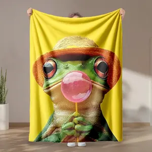 1 piece Close-up of a frog wearing a straw hat blowing bubbles. themed flannel blanket - Modern design geometric pattern flannel sofa blanket, suitable for beds and sofas, all-season use, super soft and comfortable, digitally printed pattern, 100%