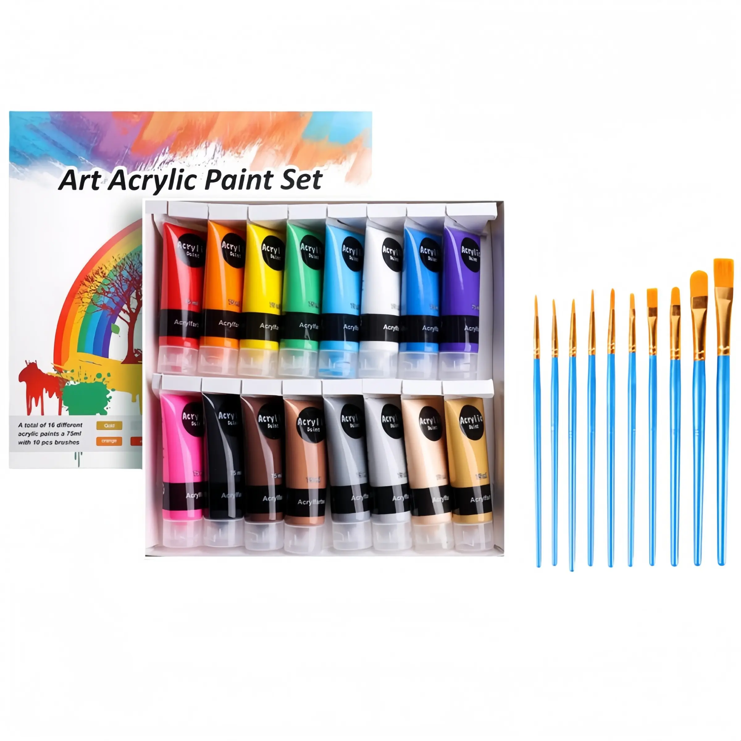 Acrylic Paint Set 26-Piece, 16 Bottles High-Quality 75ML Acrylic Paints, 10 High Saturation Fast-Drying Waterproof Brushes