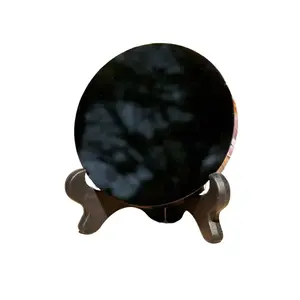 Natural Black Obsidian Round Wafer Scrying Mirror - Grounding Stone Spiritual Healing Tool with Stand, Home Decoration Gift for Crystal Enthusiasts Addressing Past Life Issues