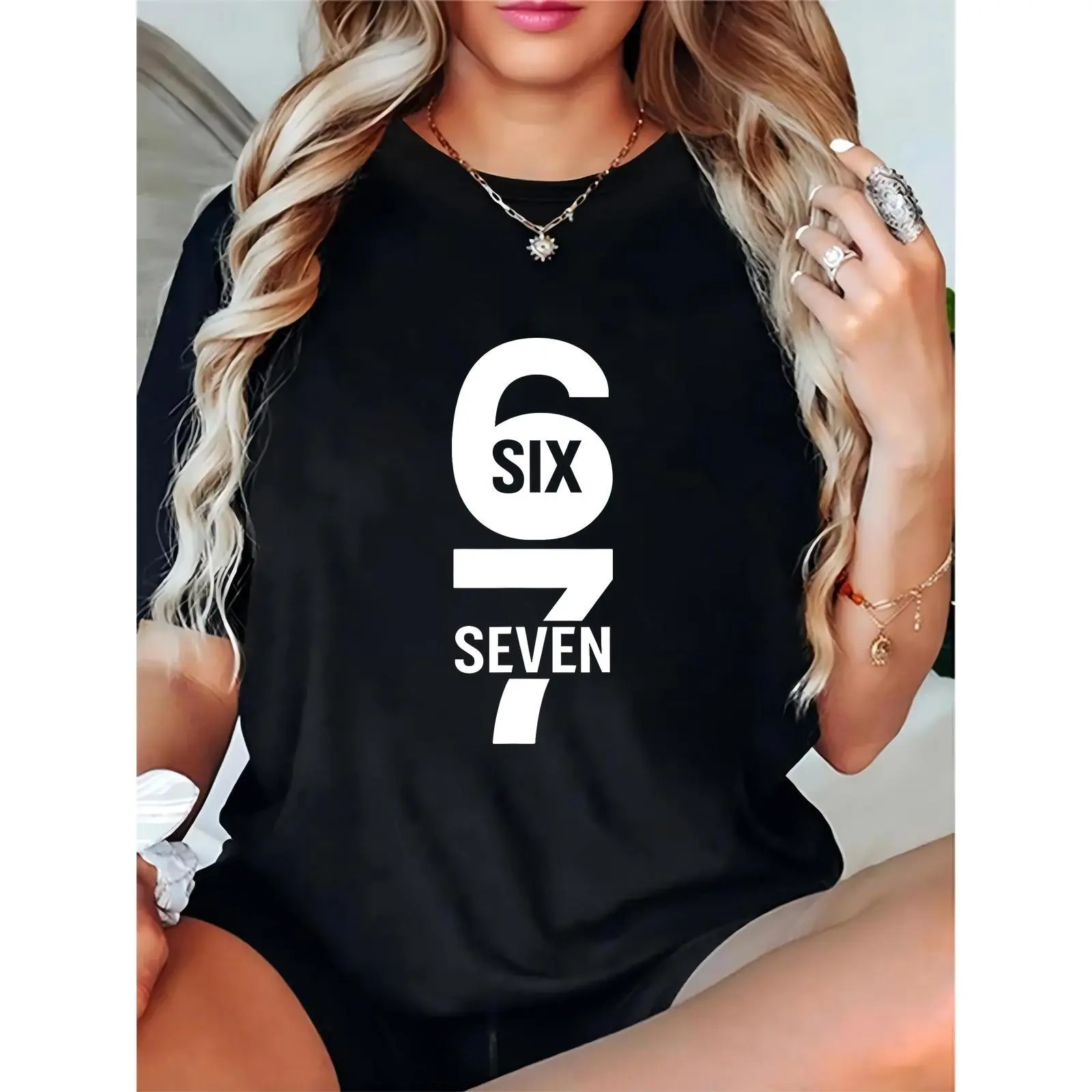 Women's Black Graphic T - Shirt with Number 6 (SIX) & 7 (SEVEN) Print, Casual Short Sleeve Tee for Ladies, Ideal for Daily Wear, Casual Outings & Everyday Comfort