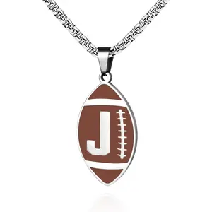 Initial A-Z Letter Football Necklace for Men Boys Stainless Steel Football Chain