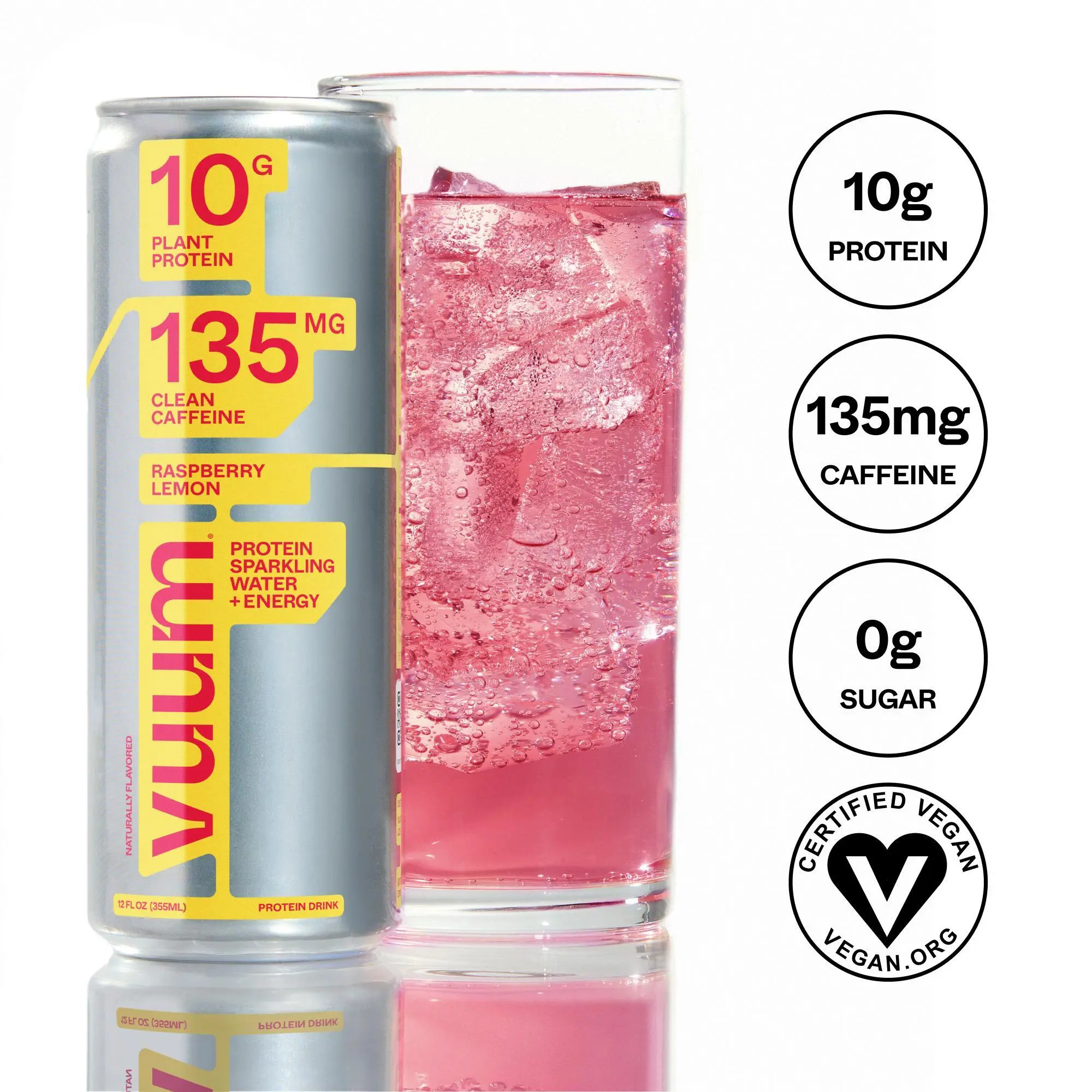 Vuum Raspberry Lemon Energy Drink - 10G Plant Protein & 135MG Clean Caffeine - Zero Sugar, Natural Beverage for Focus & Metabolism Boost