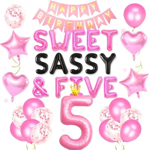 LaVenty 42 PCS Sweet Sassy & Five Birthday Decoration Sweet Five Birthday Balloons 5 Years Old Birthday Decoration Girls 5th Birthday Decoration
