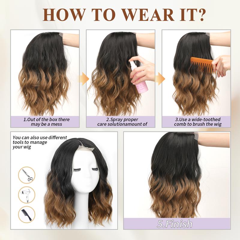 Ombre Blonde Short Wavy Wig for Women Lace Hairline Bob Style Synthetic Heat Resistant - Natural Appearance for Everyday Hairstyle 14 Inch