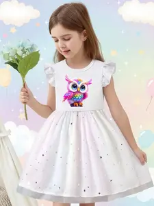Adorable Cartoon Owl Print Girls' Dress, Starry Design, Perfect for Birthday Parties, Summer Princess Style, Lightweight Mesh Sleeves, Summer Dresses
