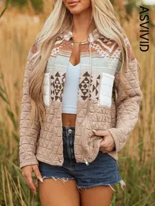 Women's Aztec Print Quilted Patchwork Jacket, Casual Elegant Western Style Stand Collar Coat, Winter Thick Outerwear with Chest Pockets, Womenswear, Fashion, Casual Fashionable JacketsWQN