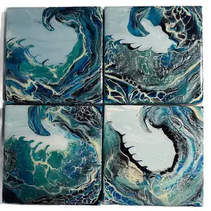 Handmade resin tile coaster set of 4 - beach waves - heatproof tiles cork backing