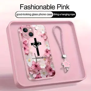 Christian Jesus Cross Floral Art Phone Case, Suitable for [iPhone 15 Plus] high-end women's, Lanyard a beautiful four-leaf clover lanyard is included🍀 952