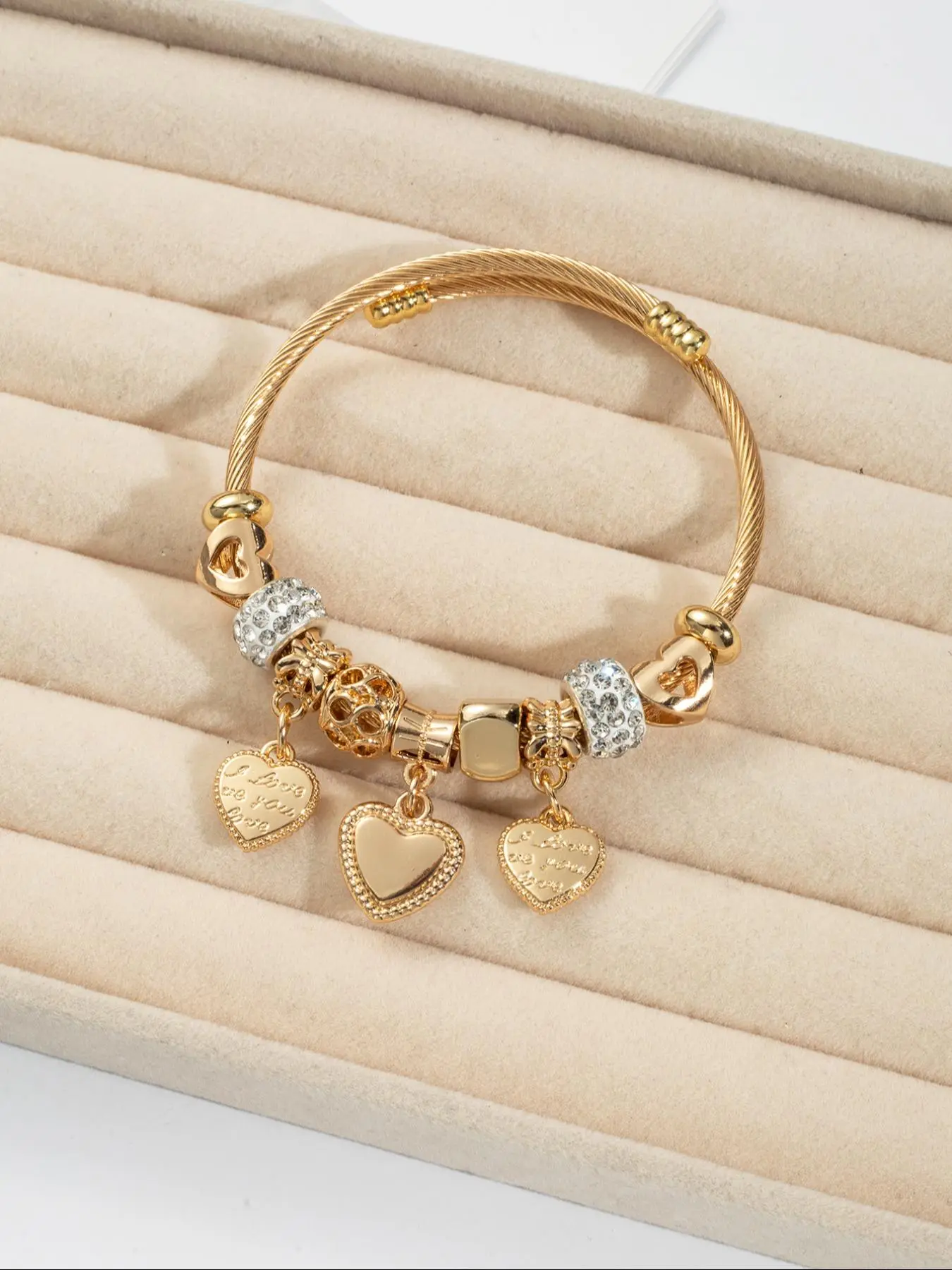 Cute Hollow Heart Charm Stainless Steel Bangle, Rhinestone‑Decorated Cuff Bracelet, Heart Shaped Bracelet, Heart Design Bracelet, Fashion Jewelry for Party and Daily Wear, Versatile Exquisite Birthday Gift